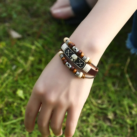 Bracciale Intrecciato in Pelle di Vacchetta Vintage Punk con Teschio per Uomo Donna Perline di Legno Regolabili Gioielli Rock