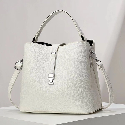Damen Eimer Tasche PU Leder Litchi Struktur Handgriff Umhängetasche Schlicht Urban Mode Stil