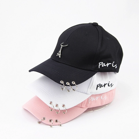Gorra De Béisbol Punk De Algodón Con Colgante De Torre Eiffel Anillos De Metal Bordado De París Protección Solar Streetwear