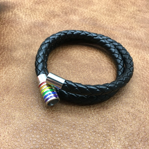 Pulsera De Cuero Trenzado De Doble Vuelta Con Cierre Magnético Arcoíris Acero Inoxidable Joyería Unisex