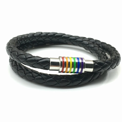 Pulsera De Cuero Trenzado De Doble Vuelta Con Cierre Magnético Arcoíris Acero Inoxidable Joyería Unisex