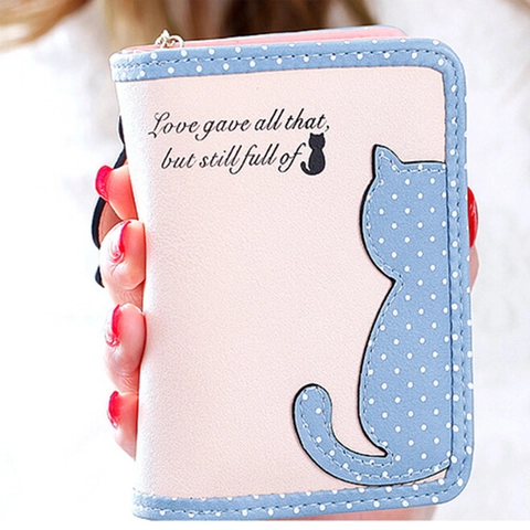 Dames Portemonnee PU Leer Schattige Cartoon Kat Stip Rits Portemonnee Opvouwbaar Meerdere Kaartsleuven Clutch Voor Student