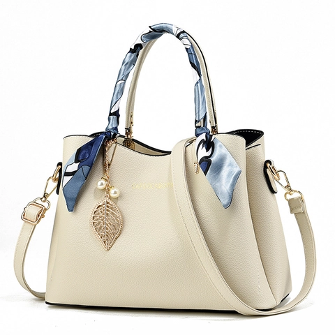 Elegant PU Leather Handbag Women Lychee Pattern Crossbody Bag With Scarf Wrapped Handle And Leaf Artificial Pearl Charm Large Capacity