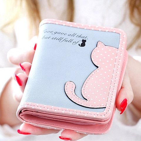 Dames Portemonnee PU Leer Schattige Cartoon Kat Stip Rits Portemonnee Opvouwbaar Meerdere Kaartsleuven Clutch Voor Student
