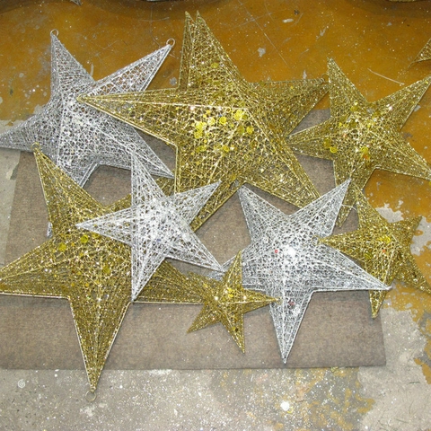 Christmas Star Hanging Decoration Metal Wire Glitter Sequins Hollow Pentagram Ornament For Holiday Party Mall Window