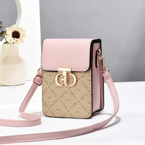 Women Mini Crossbody Phone Bag PU Leather Monogram Print Retro Style Small Shoulder Bag With Metal Lock