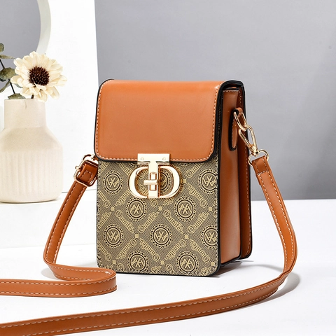 Women Mini Crossbody Phone Bag PU Leather Monogram Print Retro Style Small Shoulder Bag With Metal Lock