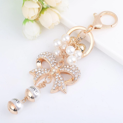 Porte-clés Nœud Charme De Sac Alliage De Zinc Strass Künstliche Perle D'imitation Pendentif LOVE Accessoire De Mode Pour Femmes