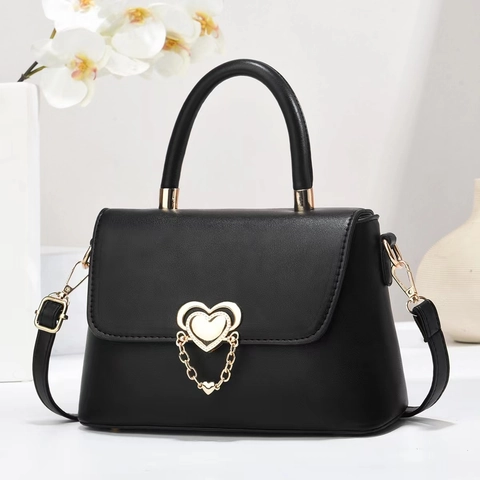 Women Fashion PU Leather Shoulder Bag With Heart-Shaped Gold Lock And Chain Decor Elegant Top Handle Crossbody Handbag