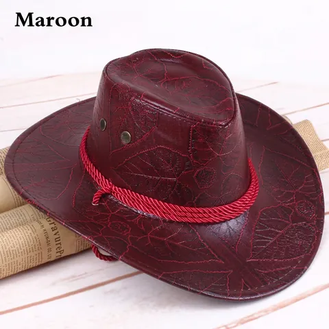 Western Cowboy Hat Faux Leather Leaf Embossed Wide Brim Retro Outdoor Sun Hat With Adjustable Windproof Rope For Adult