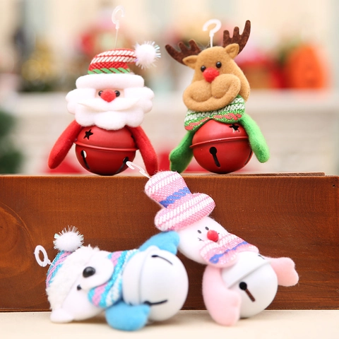 Christmas Tree Hanging Ornaments Plush Santa Claus Snowman Reindeer Bear With Hollow Star Metal Bell For Holiday Party Home Decor