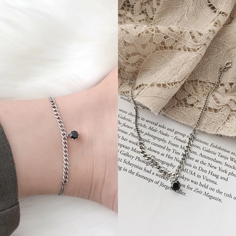 Retro Distressed 925 Sterling Silver Anklet With Black Zircon Round Pendant Chain Foot Jewelry For Women Fashion