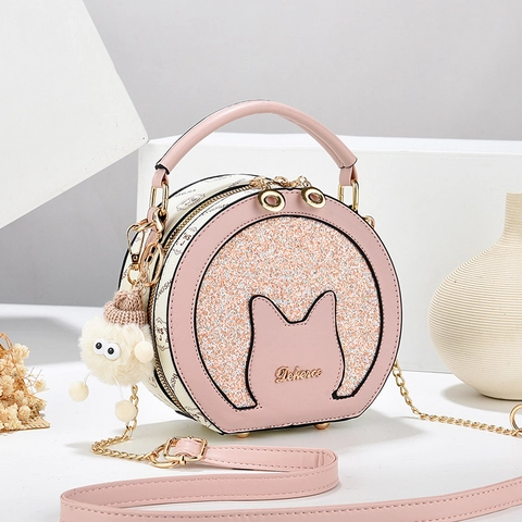 Bolso Bandolera Redondo Para Mujer Diseño De Oreja De Gato Purpurina Cuero PU Bolso De Hombro Con Colgante De Felpa
