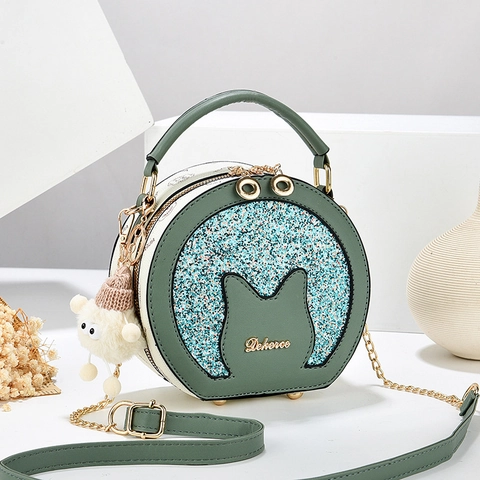 Bolso Bandolera Redondo Para Mujer Diseño De Oreja De Gato Purpurina Cuero PU Bolso De Hombro Con Colgante De Felpa