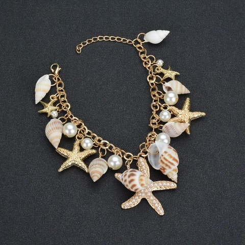 Elegante Bracciale Con Ciondoli Conchiglia E Stella Marina Boho Lega Perla Artificial Sintetica Tema Oceano Gioielli Per Donne