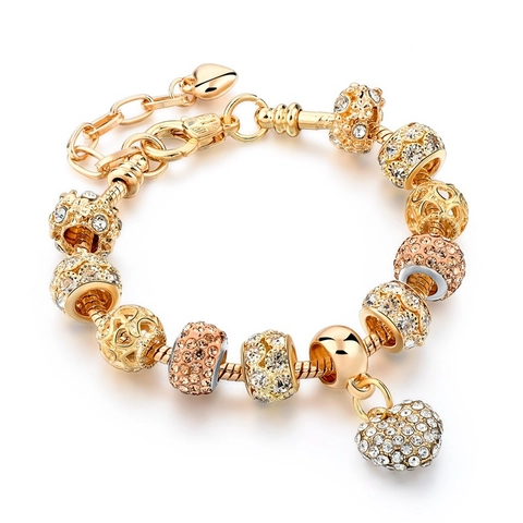 Fashion Gold Plated Snake Chain DIY Charm Bracelet With Heart Pendant Rhinestone Beads For Women Jewelry Valentine's Gift