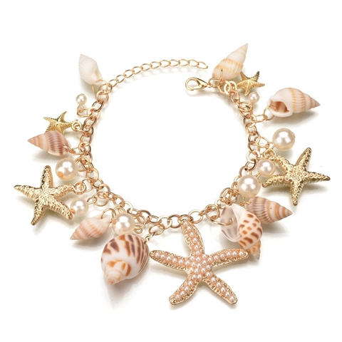 Elegante Pulsera De Dijes De Concha Y Estrella De Mar Bohemia Aleación Perla Artificial De Imitación Tema Oceánico Joyería Para Mujeres