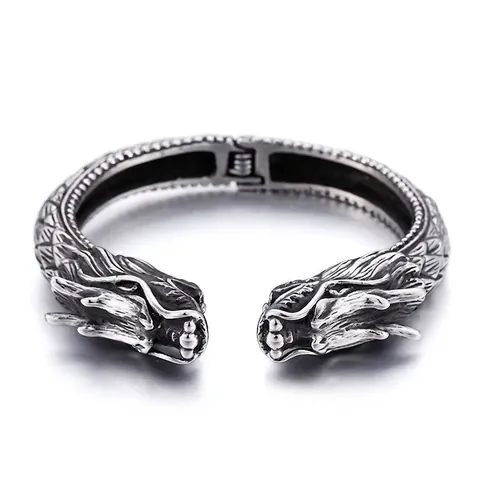 Men 316L Stainless Steel Open Bangle Dragon Wolf Lion Head Retro Punk Hinged Cuff Bracelet Gothic Animal Jewelry