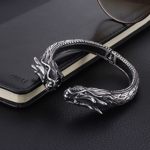 Men 316L Stainless Steel Open Bangle Dragon Wolf Lion Head Retro Punk Hinged Cuff Bracelet Gothic Animal Jewelry