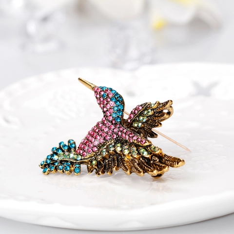 Spilla Colibrì Colorata Lega Strass Cristallo Oro Vintage Forma Animale Spilla Gioielli Per Donne