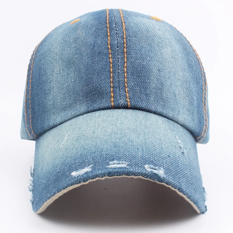 Casquette De Baseball En Denim Lavé Vintage Distressed Bord Effiloché Couture Contrastée Coton Réglable Soleil Unisexe