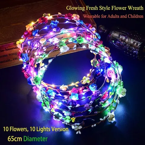 LED Glowing Flower Crown Luminous Satin Rose Garland Headband For Festival Wedding Party Hair Accessories Women Girls
