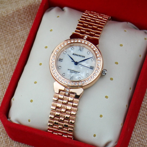 Luxus Damen Quarzuhr Strass Lünette Edelstahlarmband Wasserdicht Römische Ziffern Perlmutt Zifferblatt Armbanduhr