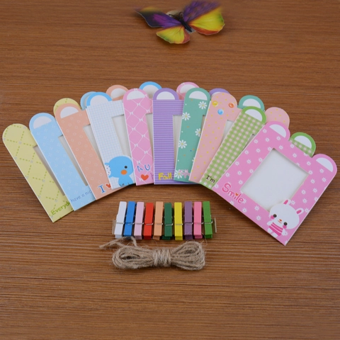 DIY Paper Photo Frame Hanging Display Cardboard Wall Decor With Wood Clips And Hemp Rope Cartoon Colorful Mini Picture Holders