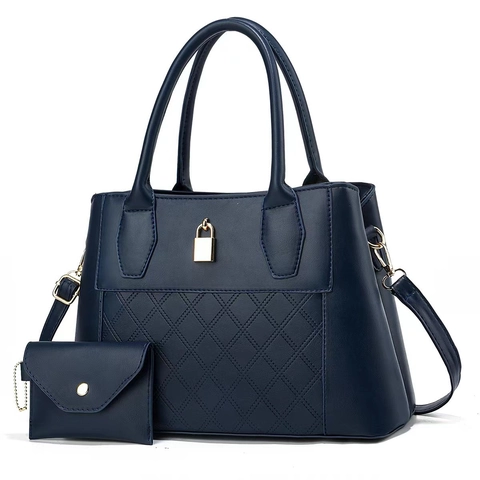 Women Handbag And Pouch PU Leather Quilted Rhombus Pattern Gold Metal Lock Decor Elegant Urban Crossbody Shoulder Bag