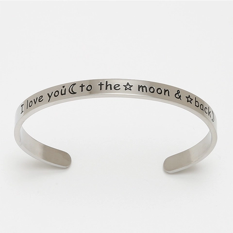 Brazalete Abierto de Acero Inoxidable Grabado I Love You To The Moon And Back Estrella Luna Joyería de Moda Regalo