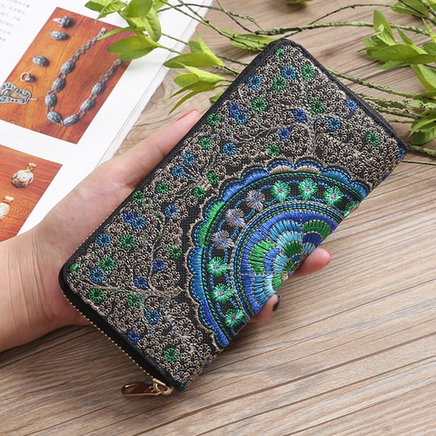 Damen Geldbörse Lang Reißverschluss Ethnisch Bestickt Stoff Mandala Floral Große Kapazität Clutch Kartenhalter