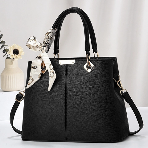 Women PU Leather Handbag Litchi Grain Trapeze Shoulder Bag With Decorative Scarf And Detachable Strap Fashion Tote