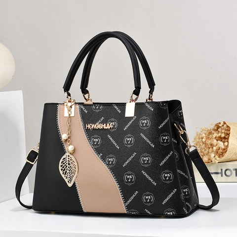 Elegant Women Handbag PU Leather Color Block Monogram Crossbody Shoulder Bag With Metal Leaf Artificial Pearl Pendant Commuter