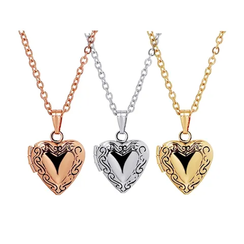 Vintage Heart Locket Pendant Necklace Engraved Copper Heart Photo Frame With Stainless Steel Cable Chain Jewelry For Women Couples Valentine Gift