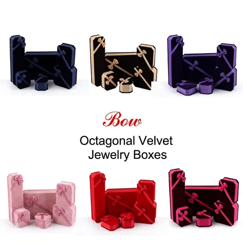Octagonal Velvet Jewelry Box With Ribbon Bowknot For Ring Necklace Bracelet Pendant Display Gift Packaging Case