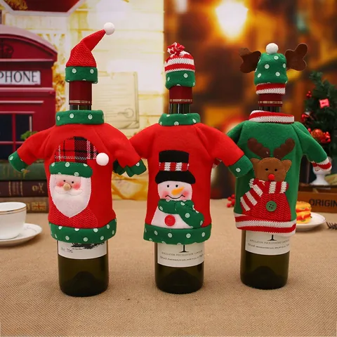 Weihnachtsweinflaschenhüllen Gestrickte Cartoon Weihnachtsmann Schneemann Rentier Mini Pullover Hut Festliche Tischdekoration