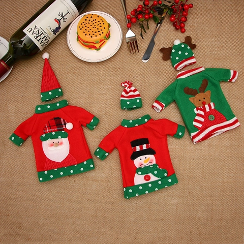 Weihnachtsweinflaschenhüllen Gestrickte Cartoon Weihnachtsmann Schneemann Rentier Mini Pullover Hut Festliche Tischdekoration