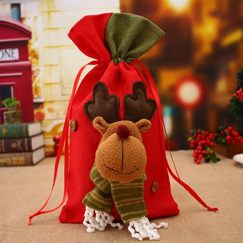Christmas Drawstring Gift Bag Linen Candy Bag With 3D Santa Claus Snowman Reindeer For Holiday Party Decoration Kids Gift Pouch