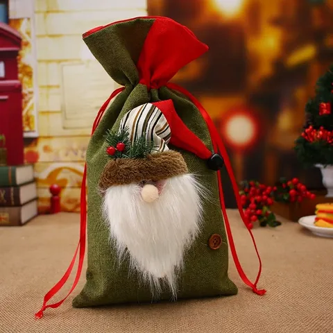 Christmas Drawstring Gift Bag Linen Candy Bag With 3D Santa Claus Snowman Reindeer For Holiday Party Decoration Kids Gift Pouch