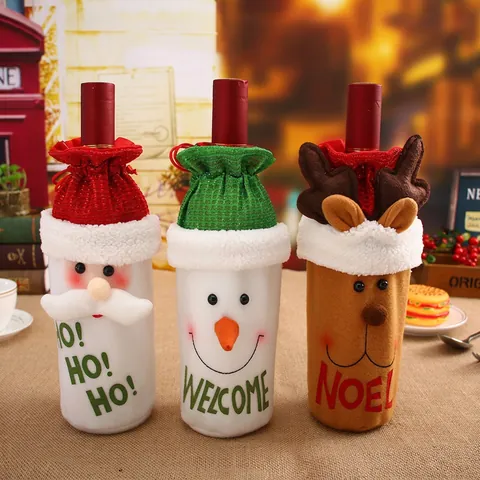 Weihnachts Weinflaschenhülle Plüsch Gebürsteter Stoff Weihnachtsmann Schneemann Rentier Kordelzug Feiertagsparty Tischdekoration