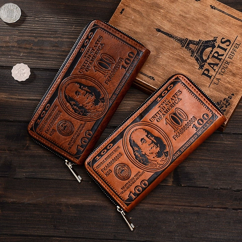 Herren Geldbörse Lang PU Leder Retro Vintage US Dollar Geprägt Reißverschluss Clutch Kreativ Kartenfächer