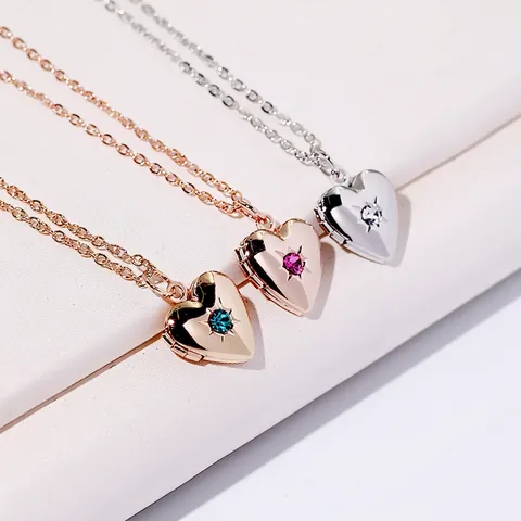 Heart Shaped Locket Necklace For Women Copper Rhinestone Inlaid Opening Photo Frame Pendant Fashion Adjustable Jewelry Necklace