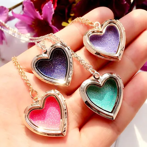 Collana con Medaglione Flottante a Cuore in Rame Vintage con Pendente Cavo in Smalto Glitter Gioielli da Donna Regalo