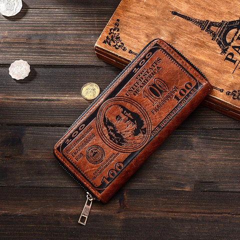 Herren Geldbörse Lang PU Leder Retro Vintage US Dollar Geprägt Reißverschluss Clutch Kreativ Kartenfächer