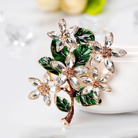 Spilla a Forma di Fiore in Lega d'Oro Vintage Con Foglie di Smalto Verde e Accenti di Strass Elegante Spilla Floreale per Donna Gioielli
