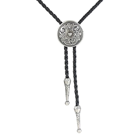 Cravatta Bolo Cowboy Western Vintage Intagliato Floreale Retro Lega Cursore Rotondo Cordino Intrecciato Unisex
