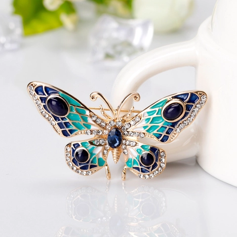 Schmetterling Brosche Pin Legierung Emaille Blau Grün Farbverlauf Strass Vintage Elegant Tier Anstecknadel Für Damen