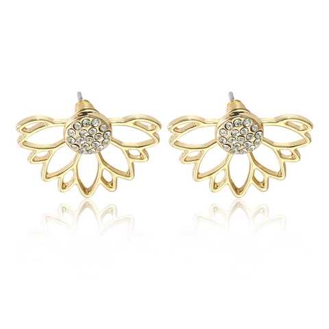 Women's Hollow Lotus Rhinestone Ear Jacket Earrings Creative Alloy Flower Stud Earrings With Steel Earring Post Jewelry