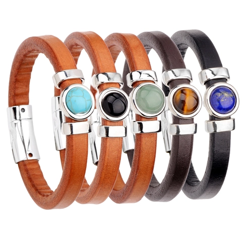 Pulsera De Cuero Genuino Para Hombre Brazalete Vintage De Piel De Vaca Con Hebilla Magnética De Aleación E Incrustación Gema