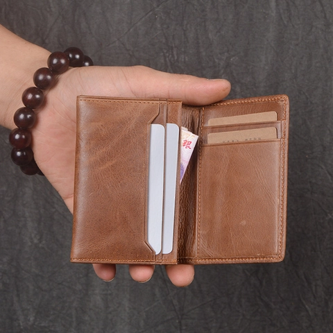 Genuine Leather Card Holder Minimalist Crazy Horse Cowhide Bifold Wallet Multi Slot Slim Pocket Organizer Unisex